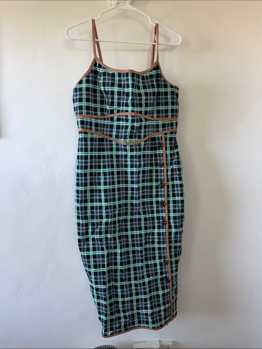 Anthropologie Plaid Spaghetti-Strap Midi Dress with Brown Trim
